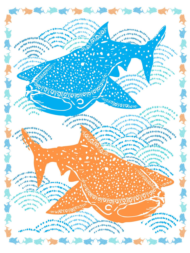 whale shark art, ocean block print, hand-carved print, shark wall decor, marine life art, sea creature illustration, coastal artwork, ocean waves print, tropical fish art, beach house decor, underwater animal print, ocean love collection