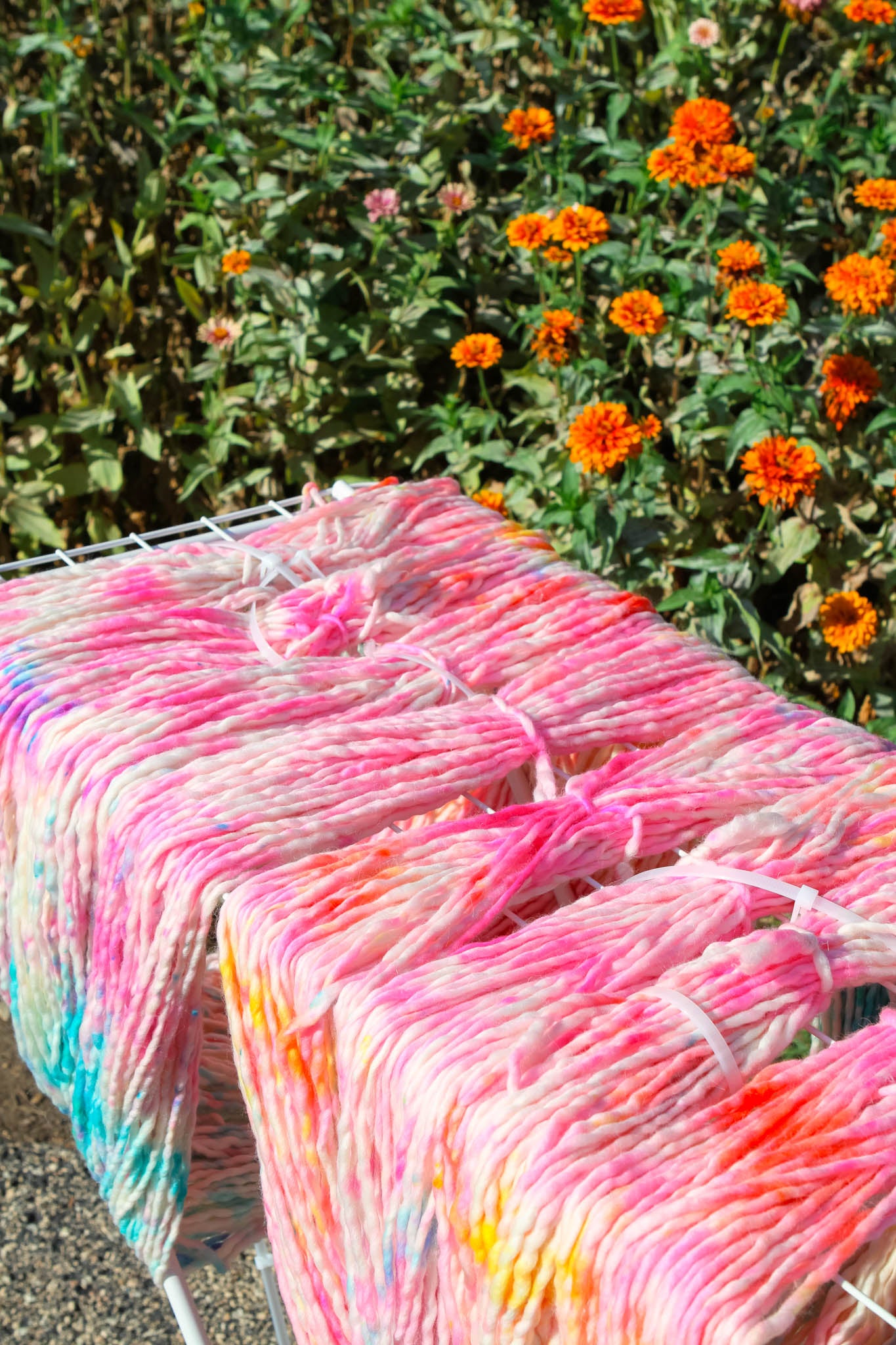 Hand-dyed yarns drying in sun vibrant colors for Rasa Milo’s luxury wearable art shawls. hand dyed yarn, artisan process, wearable art, luxury fashion, color story