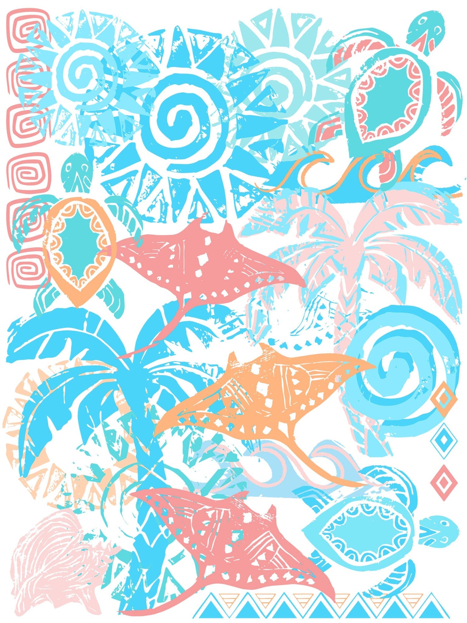 Ocean Love is an original piece of art created by Rasa Milo.  Features hand carved blocks of sea turtles, manta rays, sun, palm trees.  Coral pinks and teal blues color palette