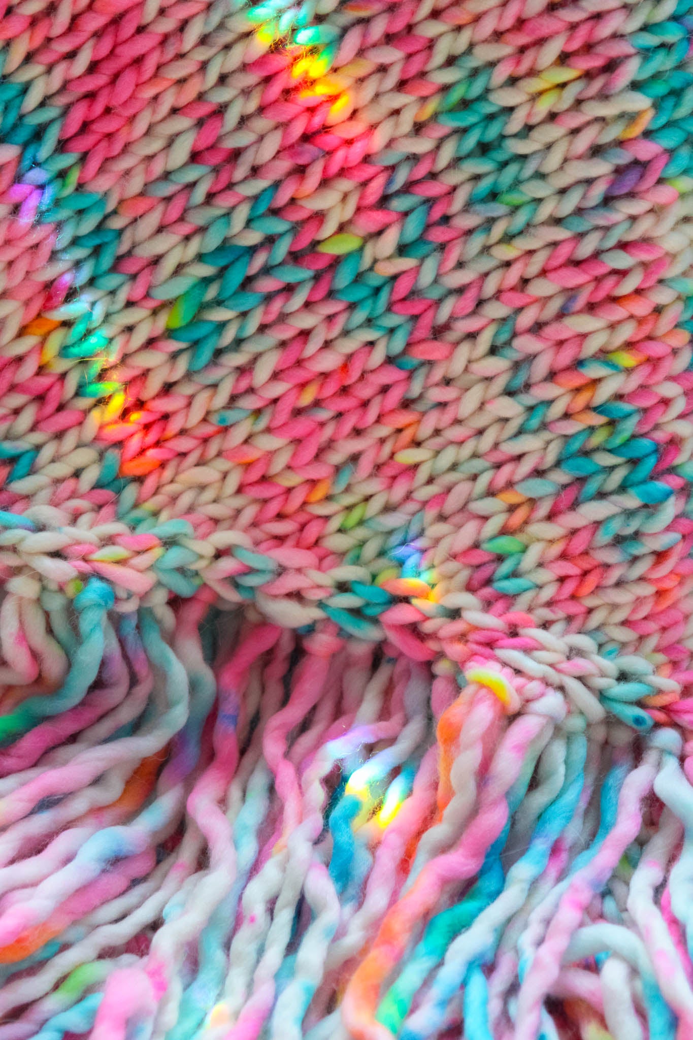 garden confetti, colorway, fringe detail, hand dyed, luxury knitwear