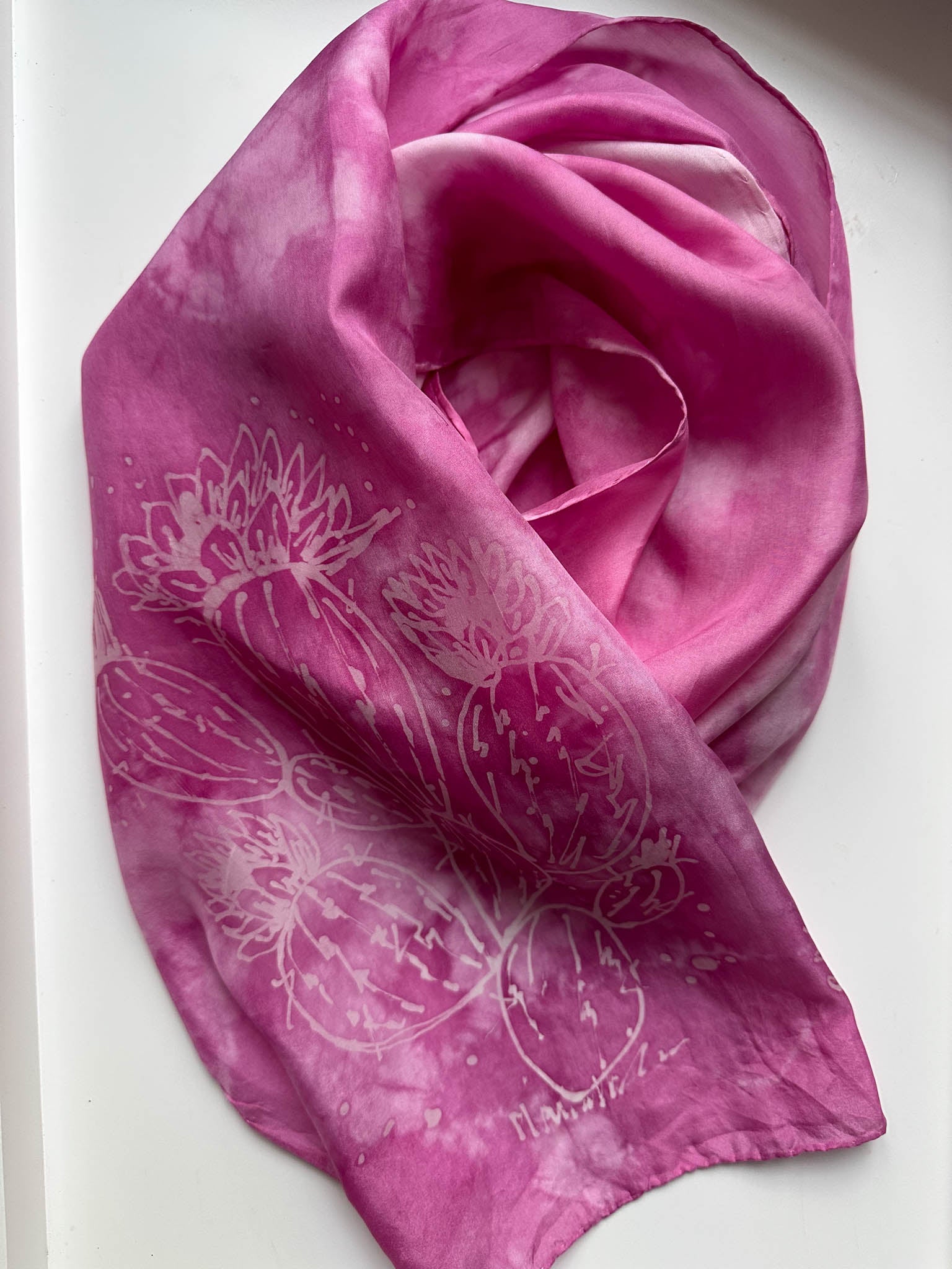 silk scarf, cochineal silk scarf, hand dyed silk, pink silk scarf, natural dye silk, prickly pear scarf, desert silk scarf, cactus silk scarf, batik silk scarf, eco friendly scarf, handmade silk accessory, Arizona inspired silk, botanical dye scarf, slow fashion silk, hand dyed fashion, pink cactus scarf, nature inspired silk, natural dye fashion, wearable art scarf, desert sunset scarf, sustainable silk scarf, cochineal dyed accessory, silk bandana, artisan silk, wildcrafted dye scarf, hand painted silk, s