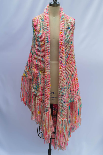 Luxury hand-knit shawl styled on dress form  front view showing artful drape and texture. luxury shawl, fashion styling, wearable art, handmade couture, Rasa Milo