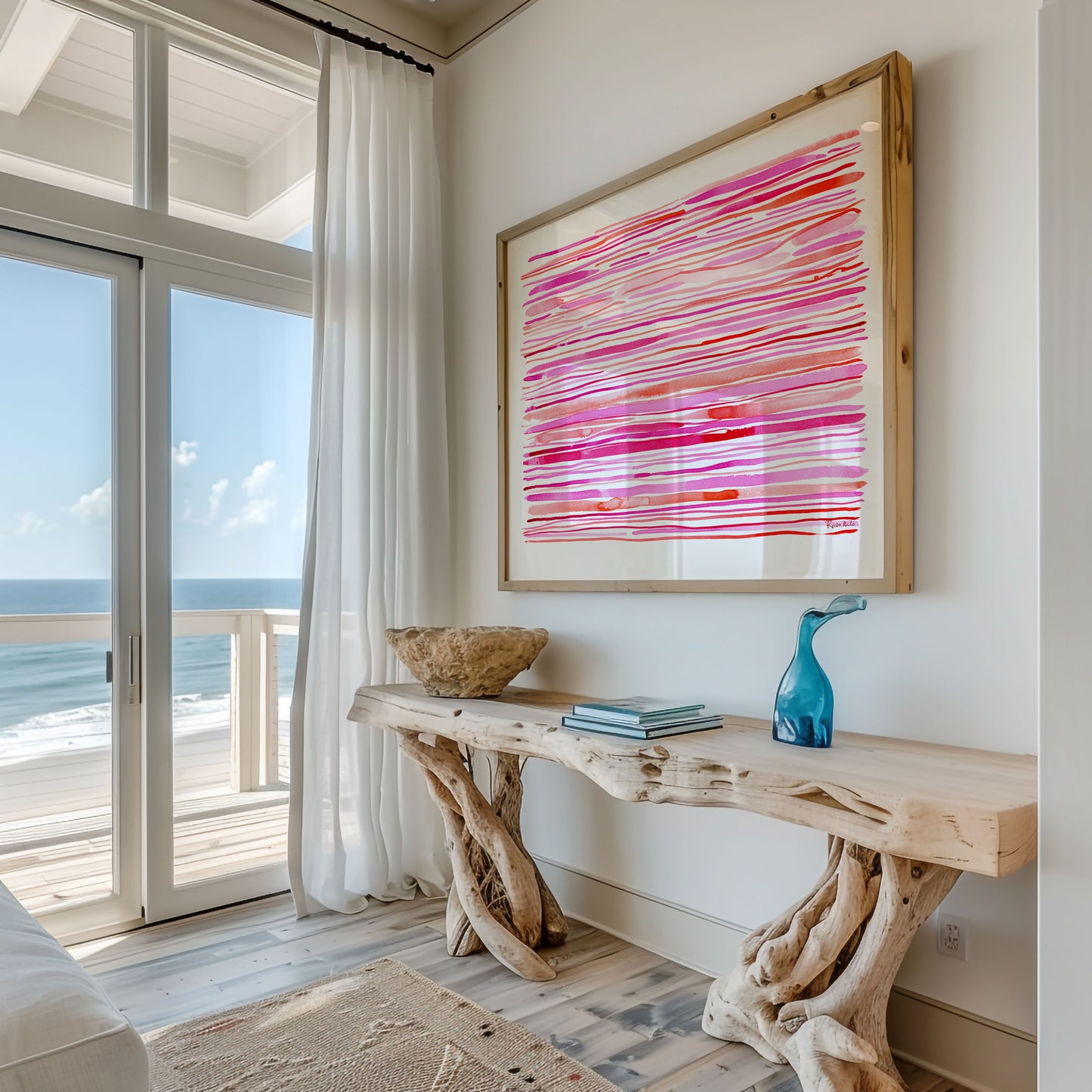 "Coral Kissed Currents" – Pink Coastal Abstract Art Print
