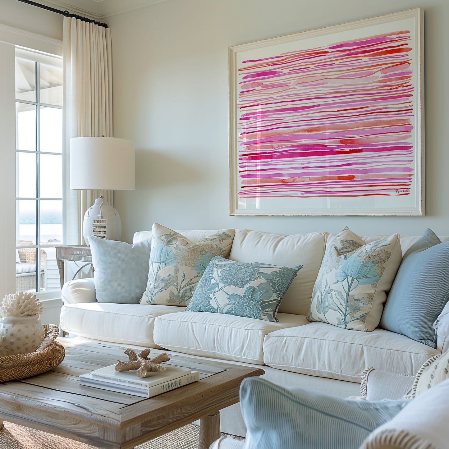 "Coral Kissed Currents" – Pink Coastal Abstract Art Print