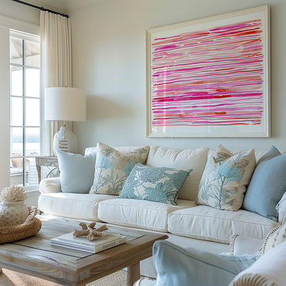 "Coral Kissed Currents" – Pink Coastal Abstract Art Print