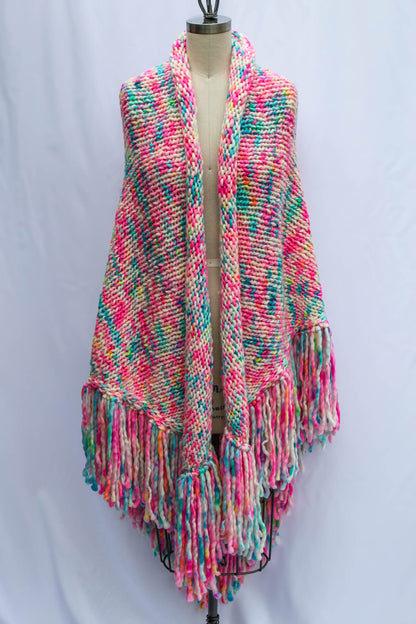 Garden Confetti shawl on dress form front view painterly drape and floral hues.
garden confetti, fashion styling, dress form, luxury shawl