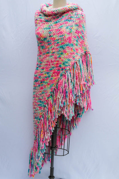 Garden Confetti shawl on dress form front view wrapped. painterly drape and floral hues. garden confetti, fashion styling, dress form, luxury shawl