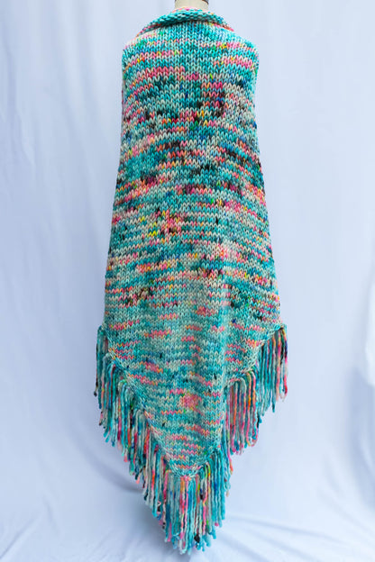 neon reef teal ocean inspired, Art meets fashion shawl draped on dress form, elegant and sculptural.